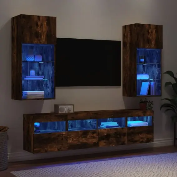 Nowy 5-częściowy zestaw mebli TV z LED, przydymiony dąb Lumarko! - Hurtownia wielobranżowa Lumarko